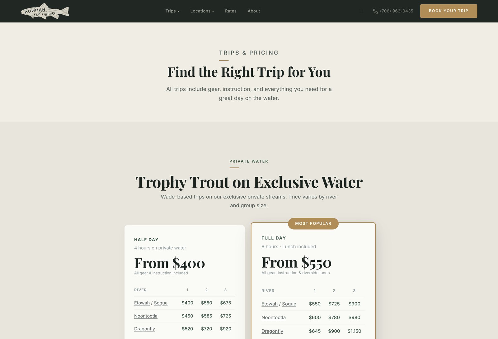 The rates page — published pricing, spec tags, direct reserve path