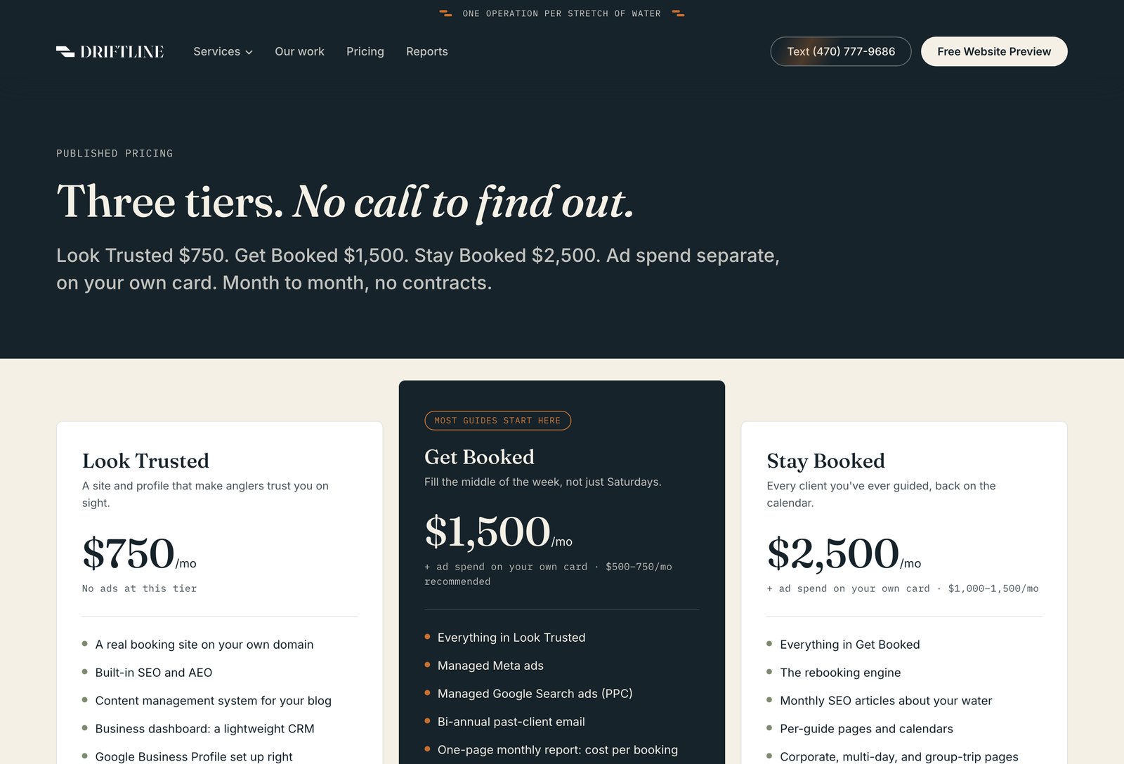 Published pricing — three tiers, month to month