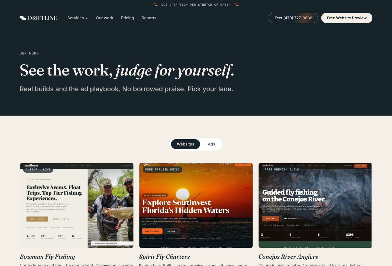 The work page — real client sites and results