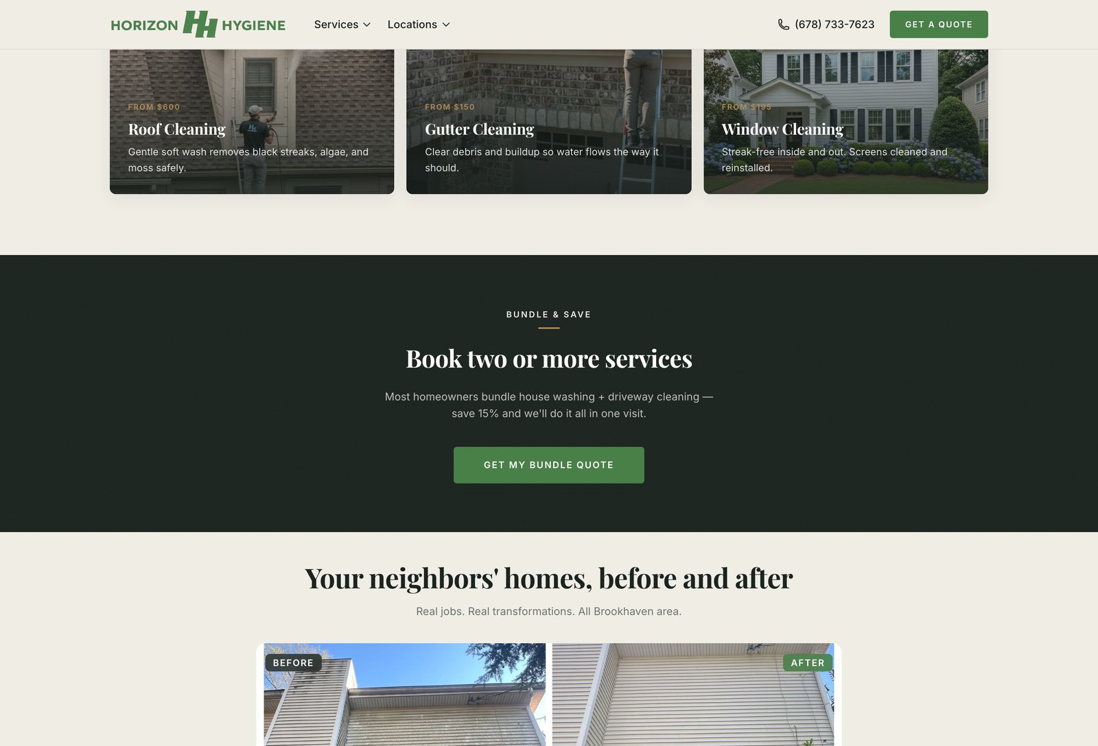 Service pages with published from-pricing, and real before/afters